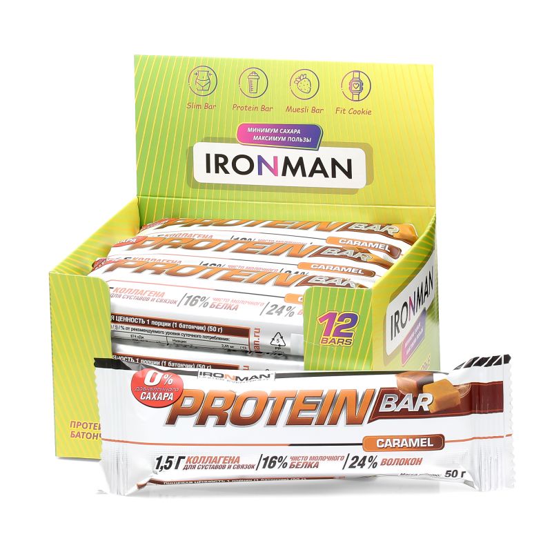 IRONMAN Protein Bar без сахара, шоу-бокс 12x50г, 2 вкуса